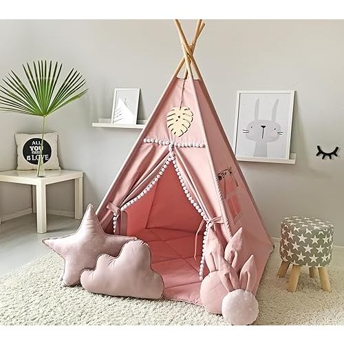 Kids Teepee Tent with White Pom Pom - Indoor Play Teepee for Children Boys Portable Play House (Pink)