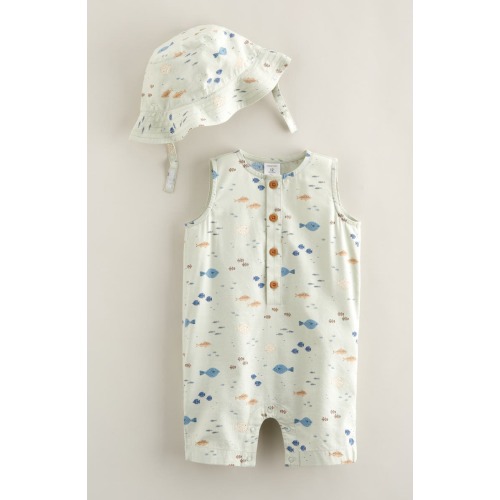 Print Henley Romper & Hat Set