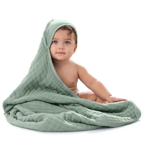 Comfy Cubs Baby Hooded 9 Layer Muslin Cotton Towel for Kids, Large 32” x 32”, Ultra Soft, Warm, and Absorbent. Baby Essentials Bath Towels, Cute Unisex Cover for Girls and Boys (Pack of 1, Fern)