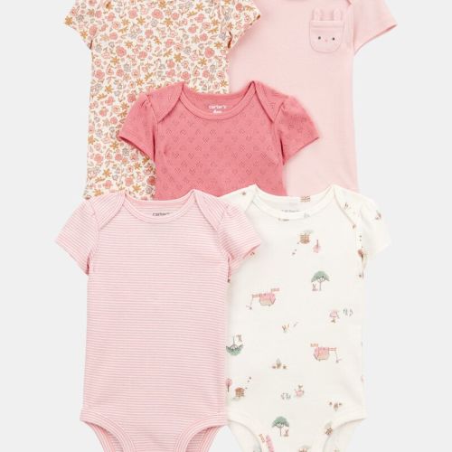 Baby Girl 5-Pack Pink Floral Bunny Short-Sleeve Cotton Bodysuits