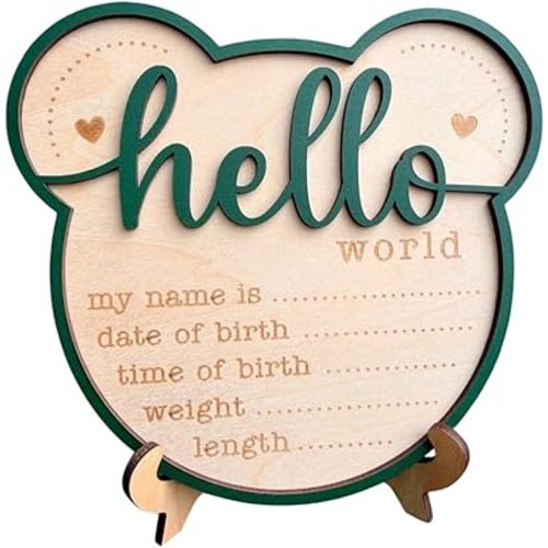 Wooden Newborn Birth Announcement Ornament, Hello World Baby Keepsake Sign with Name Date Time Weight Length, Nursery Room Decor for Kids