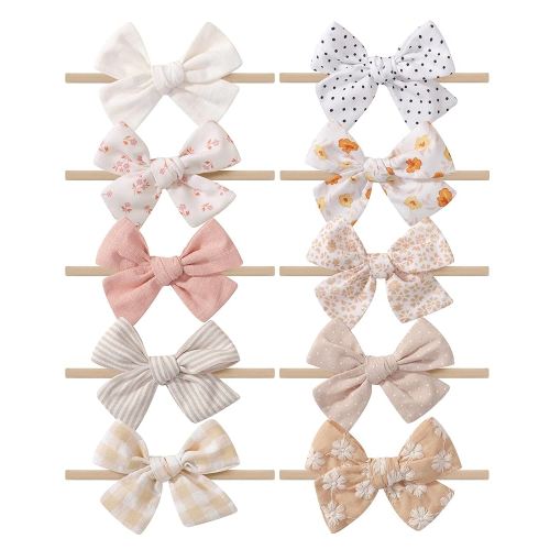 doboi 10PCS Baby Girls Headbands Hair Bows Nylon Cotton Linen Hairbands Fine Handmade Hair Accessories for Newborn Infant Toddlers Little Girls-Solid Plaid Stripe Polka Dot and Flowers