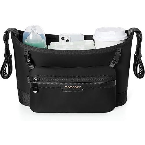 Momcozy Universal Stroller Organizer | Minimalist Caddy with 2 Insulated Bottle Holder | Silicone Anti-Slip Straps | Detachable Mini Pouch | Durable Dense-Weave, Fits for UPPAbaby/Doona & More