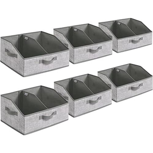 SONGMICS Set of 6 Storage Baskets, Foldable Storage Bins, Fabric Boxes, 15.7 x 11.8 x 7.9 Inches, Closet Storage Organizers, 3 Handles, for Bedroom, Living Room, Cattail Gray URFB0140G01