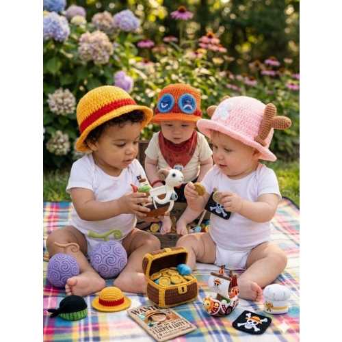 Handmade Crochet One Piece Baby Bucket Hat  Luffy ,Chopper , Ace (6-12M) New