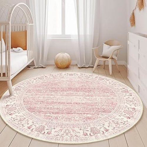 Pink Round Rug 6ft, Washable Boho Area Rug for Bedroom Living Room Dining Room Bedroom Kitchen, Ultra Soft Floral Vintage Distressed Carpet Non Slip, Boho Circle Rug for Home