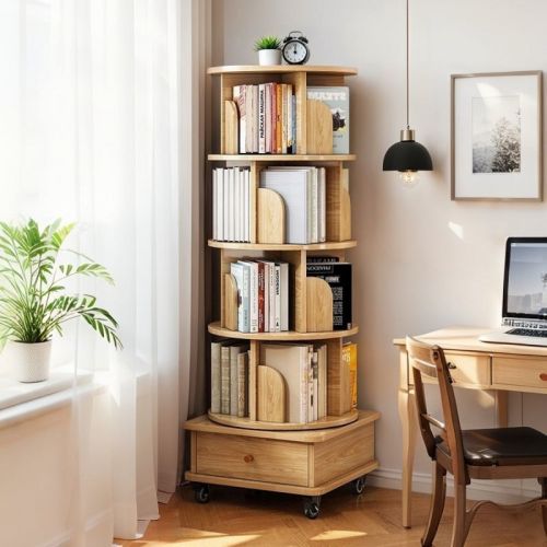 Chic Crate-5-Tier Rotating Bookshelf – 360° Display | Wheels+Drawer | Space-Saver | Bedroom/Living Room/Office | Wood