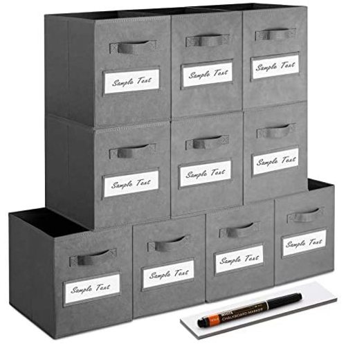 artsdi Set of 10 Storage Cubes, Foldable Fabric Cube Storage Bins with 10 Labels Window Cards & a Pen, Collapsible Cloth Baskets Containers for Shelves, Closet Organizers Box for Home & Office,Gray