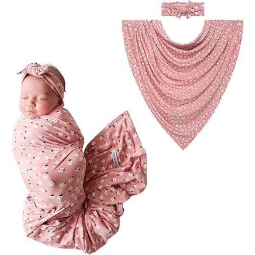 Posh Peanut Swaddle Blanket & Headband Set – Viscose from Bamboo Stretchy Baby Swaddle for Newborn Girls, Receiving Blanket or Nursing Cover (Emmilene)