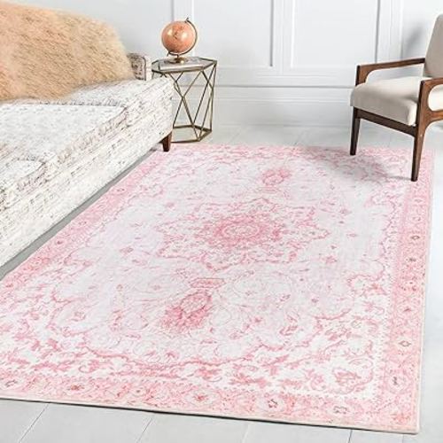 Area Rug - Vintage 8'x10' Honeycomb Non-Slip Backing Area Rugs Pink Soft Faux Wool Carpet Foldable & Machine Washable Rugs for Living Room Bedroom Dining Room Home Office