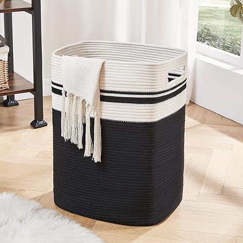 OIAHOMY Laundry Hamper-Laundry Basket,Tall Cotton Storage Basket with Handles,Decorative Blanket Basket for Living room,Collapsible Large Basket for Toys,Pillows,Clothes Organizer-16x13x22in-Black