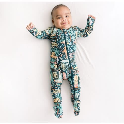 Wild West | Bamboo Footie Onesie Sleeper | "I Love Our Time Together" | Thermo-Regulating, Double Zipper, 4-Way Stretch | Raising Mama