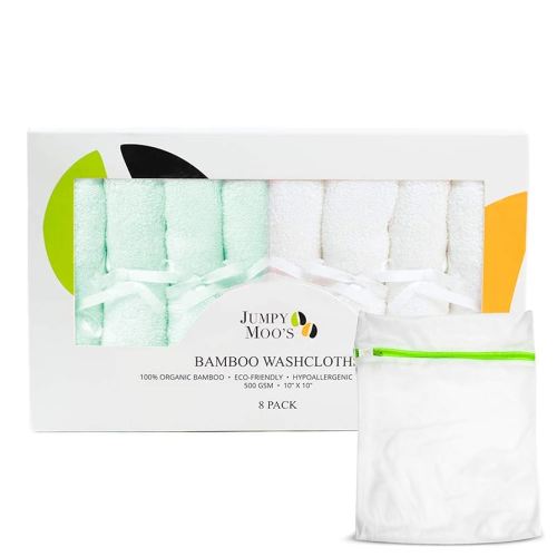 Jumpy Moo's Baby Washcloths - 100% Rayon from Bamboo, Ultra Thick 10x10 inches, Gentle on Delicate Skin, Perfect for Girls and Boys, Includes Giftbox & Laundry Bag