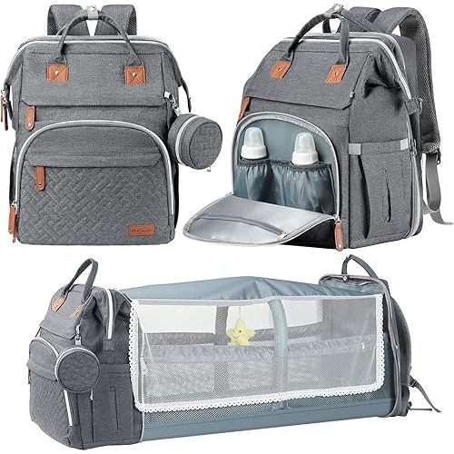DERJUNSTAR Baby Diaper Bag Backpack, Diaper Changing Station, Baby Bags for Boys Girls, USB Charging Port,Pacifier Case, Sunshade and Toy Bar, Pale Grey