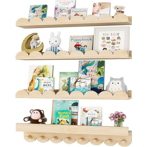 24 Inch Floating Shelves for Wall, 4-Pack Nursery Book Shelves with Hooks, Scalloped Shelves, Wall Book Shelves for Kids Room, Toddler Room, Baby Room, Nursery Decor