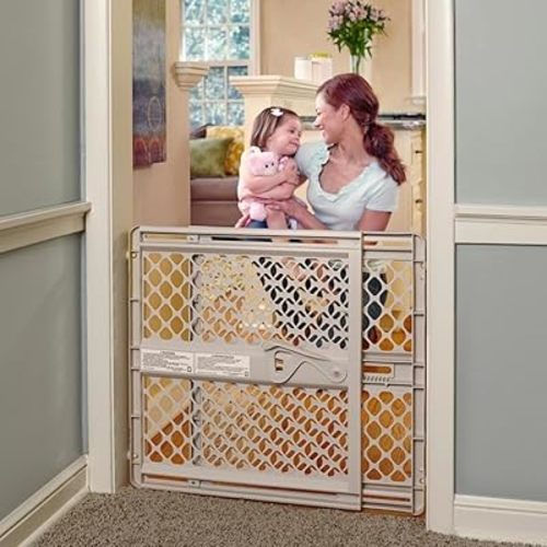 Toddleroo by North States Supergate Ergo Child Gate, Baby Gate for Stairs and Doorways. Includes Wall Cups. Pressure or Hardware Mount. Made in USA. (26" Tall, Sand)