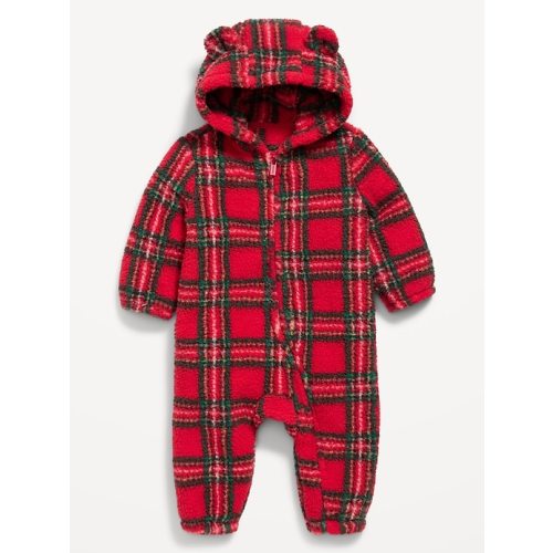 Hooded Plaid Critter Sherpa One-Piece for Baby