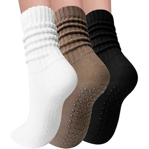 3 Pairs Pilates Socks with Grips for Women Yoga Slouch Grippy Socks for Barre Workout Hospital
