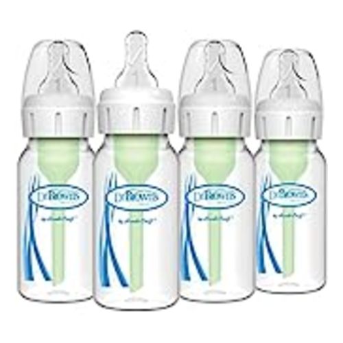 Dr. Brown's Natural Flow Anti-Colic Options+ Narrow Baby Bottles 4 oz/120 mL (Pack of 4), with Level 1 Slow Flow Nipple, 0m+ - 4oz, Clear - 4 Count (Pack of 1)