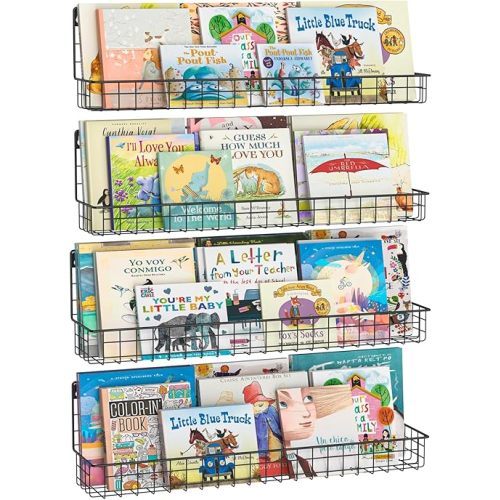 24 Inch Wall Mounted Kids Bookshelf, Floating Metal Book Shelves for Kids Nursery Toddler Classroom, Hanging Book Shelf Organizer for Room Decor, Black, Set of 4