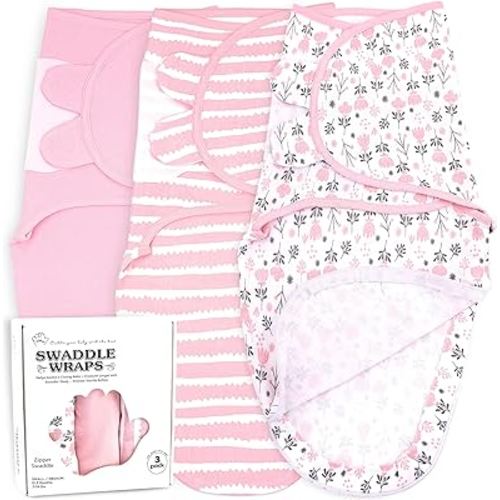 Bublo Baby Organic Swaddles for Newborns – Zipper Swaddles 0-3 Months, 3-Pack – Infant Sleep Sack with Zipper – Adjustable & Breathable Swaddle Blanket Wrap for Newborn Girls, Pink Flowers