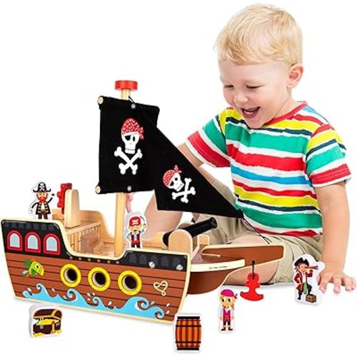 ArtCreativity Wooden Pirate Ship Toy Set for Kids - Pirate Play Set with Wood Ship, Cannon, Barrel, Treasure Chest, Bench, 4 Pirates - Toy Ship for Boys 3-5 - Pirate Gifts for Christmas