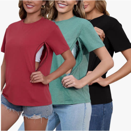 Liu & Qu 3-Pack Breastfeeding Shirts for Women with Hidden Zippers Short Sleeve Maternity Nursing Tops