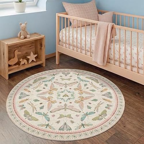Boho Light Pink Round Rugs for Kids Bedroom - 4 ft Unique Circle Area Rugs for Baby Nursery, Washable Low Pile & Soft Cute Throw Rugs for Living Room, Playroom, Reading Corner, Fun Insect Décor