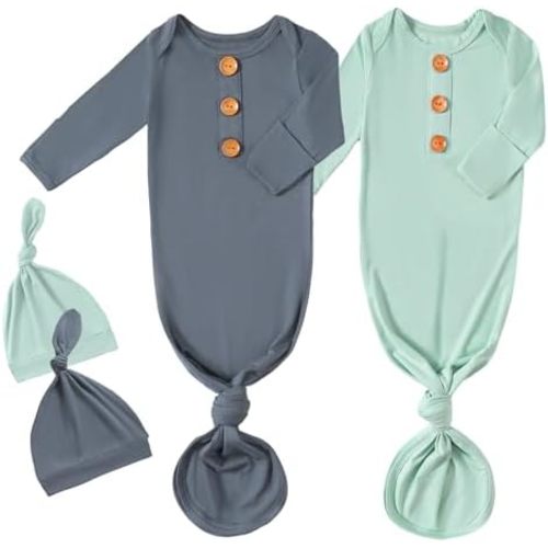OPAWO Knotted Gown Baby Newborn Sleepers Baby Boy Coming Home Outfit, Bamboo Viscose Baby Gowns with Mitten Cuffs and Hat Set