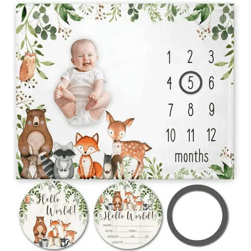 Yuzioey Woodland Animals Baby Milestone Blanket with Birth Stat Sign, Forest Baby Growth Chart Monthly Blanket, Watch Me Grow Woodland Baby Nursery for New Moms Baby Shower(50"x40")