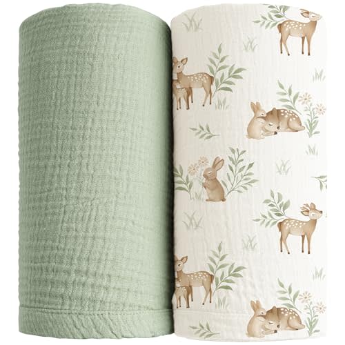 Konssy Muslin Swaddle Blankets for Girls Boys 2 Pack, 100% Cotton Receiving Baby Blanket Large 47 x 47 inches, Soft Breathable Swaddling Wrap for Unisex Newborn (Woodland,Sage)
