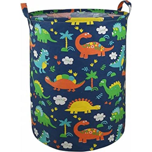 Round Canvas Clothes Basket Laundry Hamper dark blue dinosaur