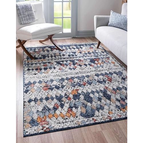 Unique Loom Morocco Collection Abstract Border, Diamond, Bohemian Area Rug (8' 0 x 10' 0 Rectangular, Multi/Blue)