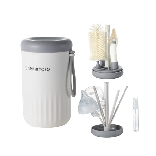 Chemimoso Travel Silicone Baby Bottle Cleaner Brush Set, Foldable Baby Bottle Drying Rack, Essential Cleaning Set for Outdoor Travel, Grey and White