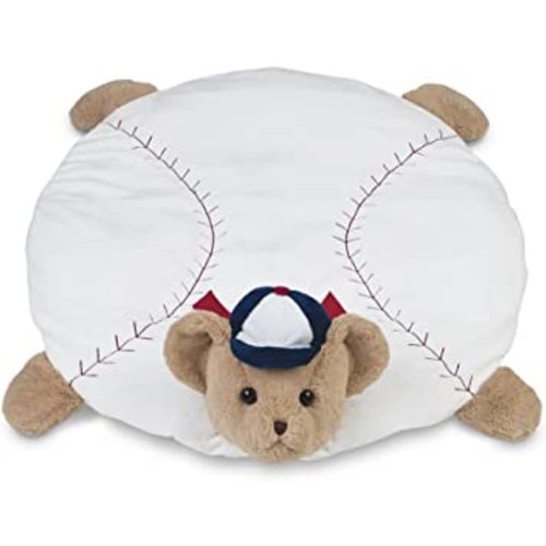 Bearington Baby Lil’ Slugger Tummy Time Mat, 30 x 30 Inch Baseball Teddy Plush Stuffed Animal Blanket, Baseball Nursery Décor