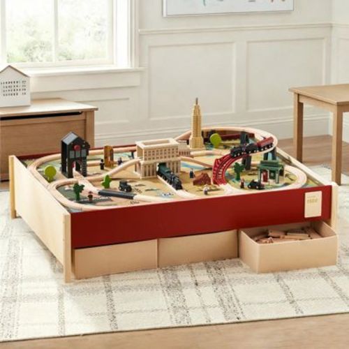 Tiny Land® 1920 Railway Adventure Train Table – 102-Piece Wooden Train Playset with Sounds & Storage