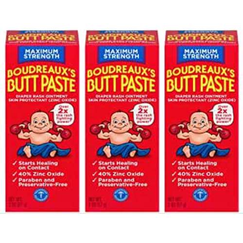 Boudreaux's Butt Paste Maximum Strength Diaper Rash Cream, Ointment for Baby, 2 oz Tube, 3 Pack