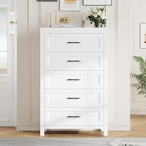 5 Drawer Dresser for Bedroom - Farmhouse 44.9" Tall Chest of Dresser with Large Storage, Rubst Wood Construction for Living Room, Hallway & Entryway - White