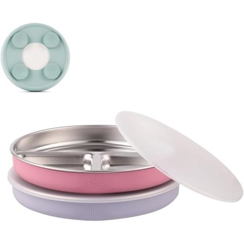 Elk and Friends Stainless Steel Divided Plates with Silicone Sleeve for Babies & Toddlers | Lids Included | Stay Put Suction | Dinner & Snack Plates | 2 Pack