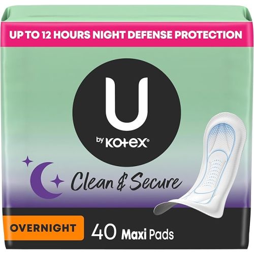 U by Kotex Maxi Pads with Wings, Clean & Secure, Overnight Absorbency, 40 Count (Packaging May Vary)
