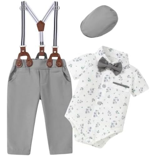 ZOEREA Baby Boy Suit Gentleman Outfit Clothes Infant Tuxedo Short Sleeve Dress Shirt+Suspender Pants+Bowtie+Hat 0-18M