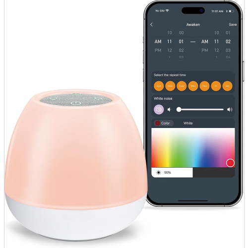 White Noise Sound Machine for Baby, Sleep Sound Machine with Night Light, Toddler Sleep Trainer with 24 Soothing Sounds, White Noise Soother with Timer, App Remote Control for Kids, A Grey