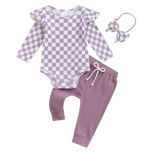 Molgkyo Newborn Infant Baby Girl Clothes Ribbed Long Sleeve Ruffle Romper Long Pants Headband Sets 3Pcs Fall Winter Outfits