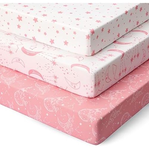 Pack and Play Sheets Fitted 3 Pack, Mini Crib Sheets for Pack N Play Mattress Stretchy Portable Playard Sheets, Soft Breathable Pink White Moon