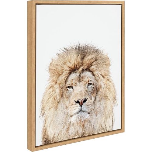 Kate and Laurel Sylvie Lion Stare Portrait Framed Canvas Wall Art by Amy Peterson Art Studio, 18x24 Natural, Modern Jungle Animal Portrait Art for Wall