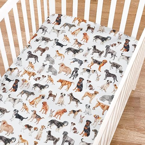 Watercolor Dogs Fitted Baby Crib Sheet for Girl Boy 52"x28" Dog Breeds Soft Breathable Crib Mattress Covers Dogs Lovers Gift Baby Bed Sheets for Standard Crib and Toddler Mattress