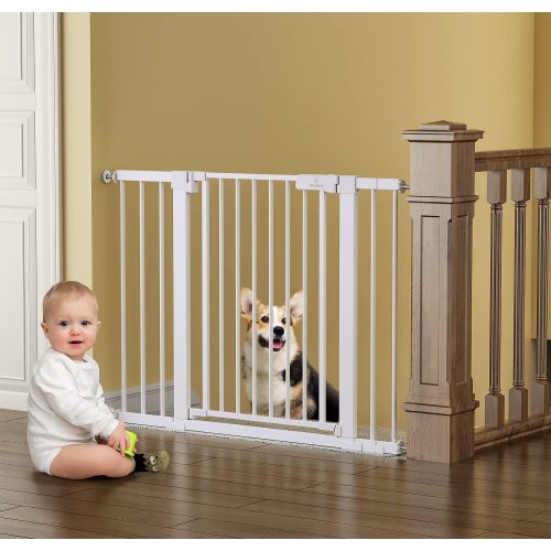 "Extra Wide 27-43"" Extendable Safety Baby Gate, Tall White for Stairs and Doorways, Pet Gate"