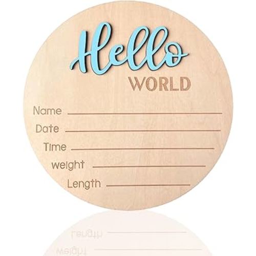 Baby Announcement Sign, 5.9 Inch Wooden Hello World Newborn Signs, Birth Announcement Sign, Baby Shower Hospital Nursery for Newborn Boys and Girls (Sky blue)