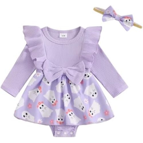 Newborn Baby Girl Halloween Outfit Ruffle Long Sleeve Romper Dress Bodysuit Jumpsuit Headband Fall Winter Clothes