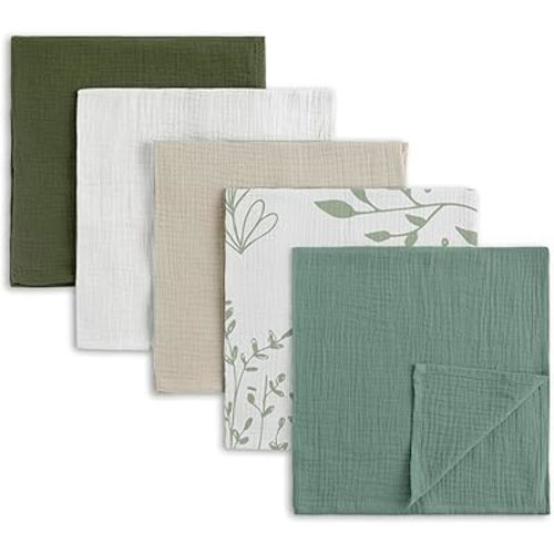 Muslin Receiving Blankets, Neutral Blanket Swaddling for Newborn Boys and Girls, 5 Pack Breathable and Skin-Friendly Swaddle Wrap for Infant Baby (Bright Leaves)